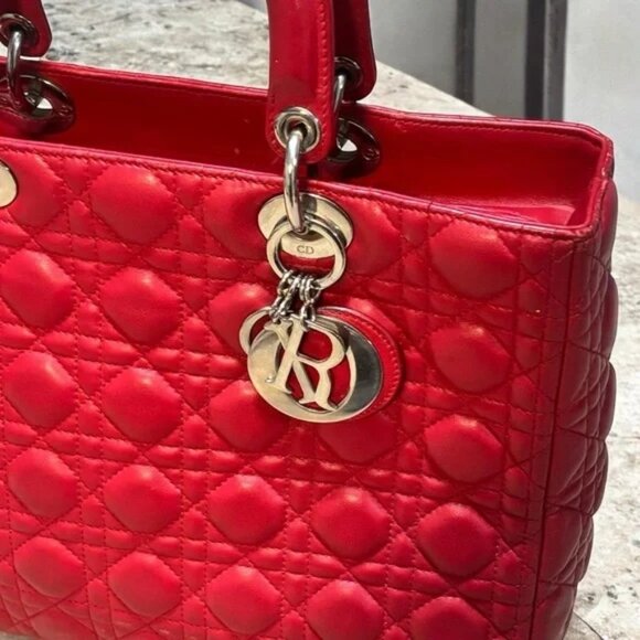 Christian Dior Lambskin Cannage Large Red Lady Dior Shoulder Bag - Picture 2 of 12
